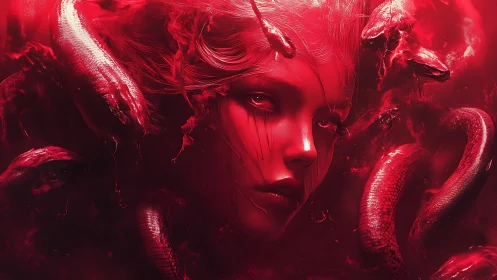 Serpentine female visage in red atmospheric digital scene.