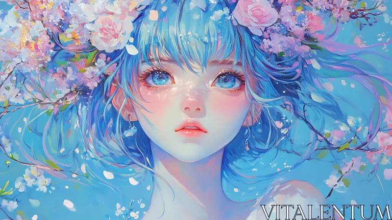 Blossom crowned dreamer with sky bright eyes and pastel bloom.