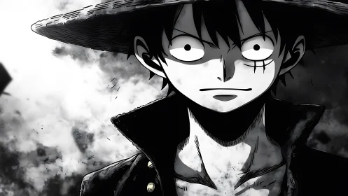 High-contrast monochrome anime portrait with intense gaze