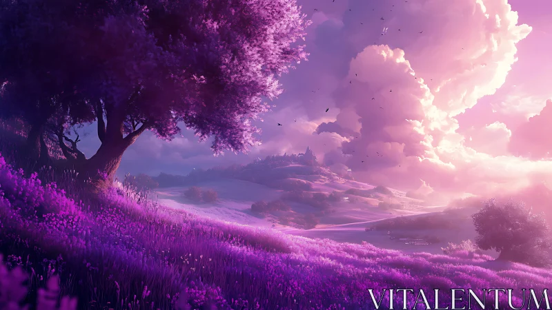 Digital landscape shows violet field under dense cloud bank