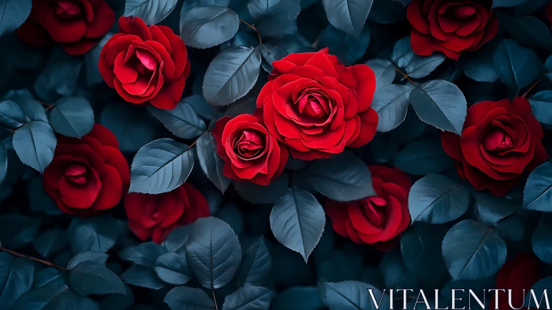 Crimson Roses Among Deep Teal Foliage.