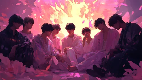 Seven figures in circular formation under radiant magenta bloom