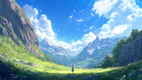 Solitary girl in luminous alpine valley under soaring birds.