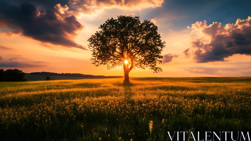 Solitary tree in open field against low evening sun.