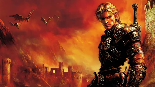 Armored fantasy warrior stands before burning dragon siege