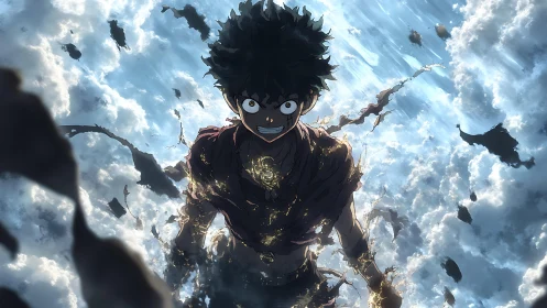 Sky-shattered hero ascends through burning storm clouds.