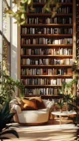 Sunlit reading nook nestles beneath towering book wall.