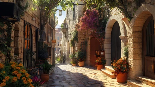 Narrow stone alley with potted plants and arched doorways.