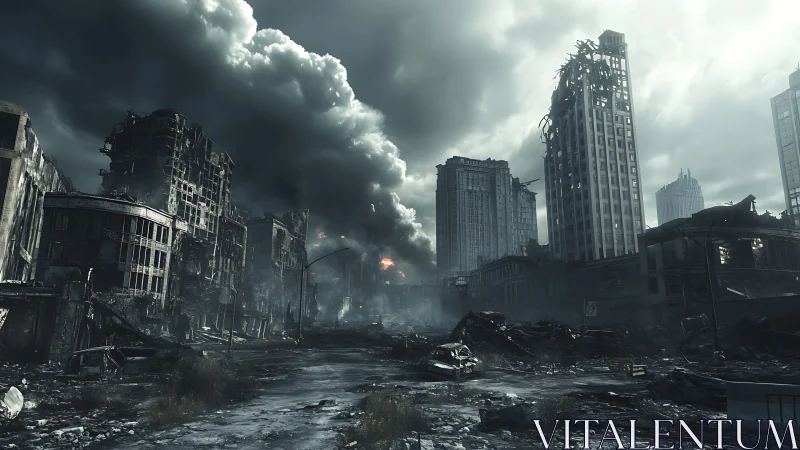 Postwar urban boulevard in ruins with collapsing high-rises