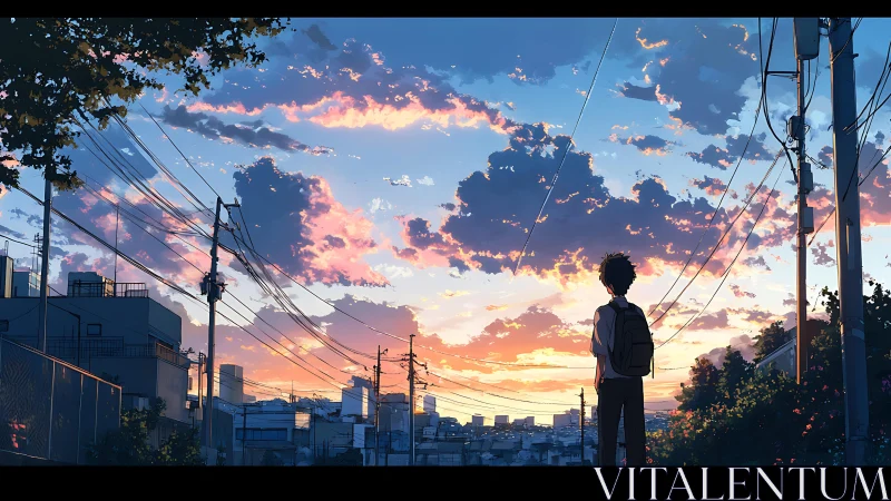Boy with backpack stands under power lines at sunset sky