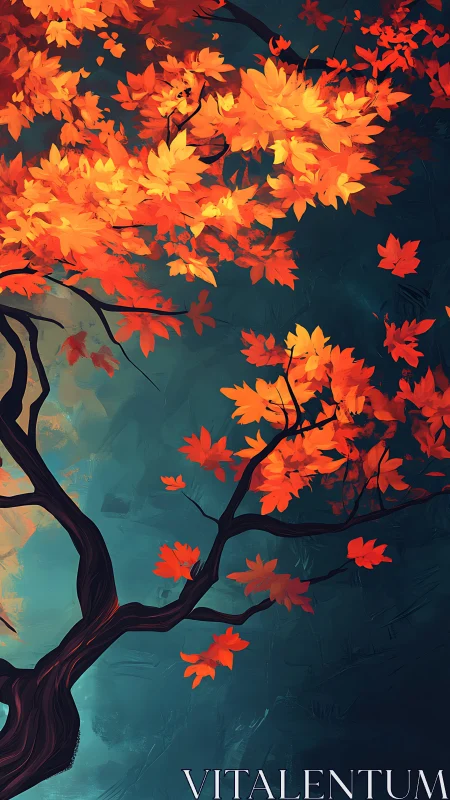 Autumn maple canopy with twisting dark branches against teal sky