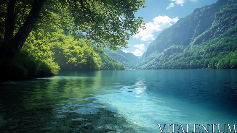 Gentle mountain lake haven under soft summer light.