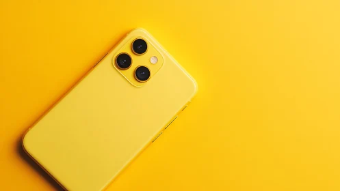 Yellow smartphone with triple camera on yellow background