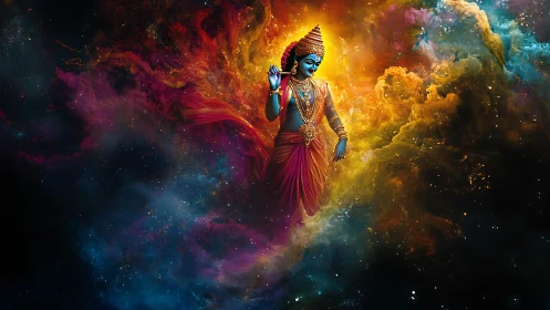 Divine blue deity floats within chromatic cosmic nebula field