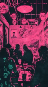 Neon skull café interior with silhouetted patrons at night.