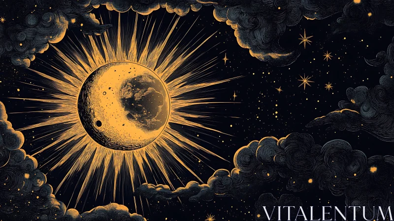 Celestial moon sun fusion in ornate night sky illustration.