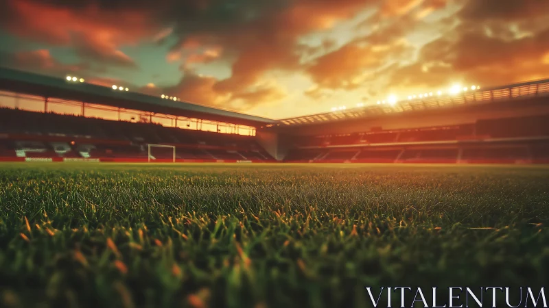 Sunlit football stadium field awaits a dramatic evening match