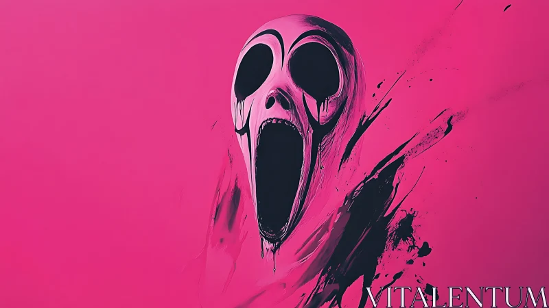 Stylized elongated skull with abstract black paint on pink.