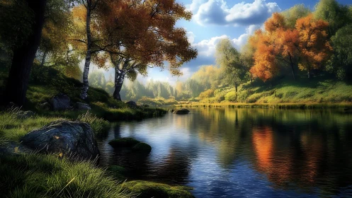 Autumn forest river glows under soft afternoon sunlight.