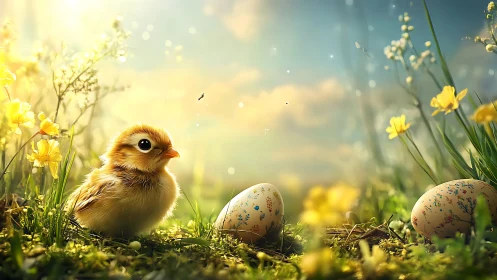 Spring sunlight bathes a newborn chick beside painted eggs