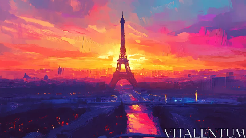 Parisian sky ignites in electric sunset around Eiffel silhouette.