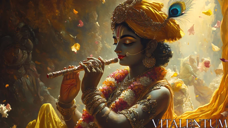 Divine flute player in golden garlands and swirling petals.