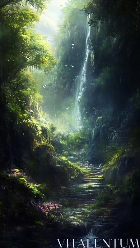 Luminous rainforest gorge with cascading waterfall and stream.