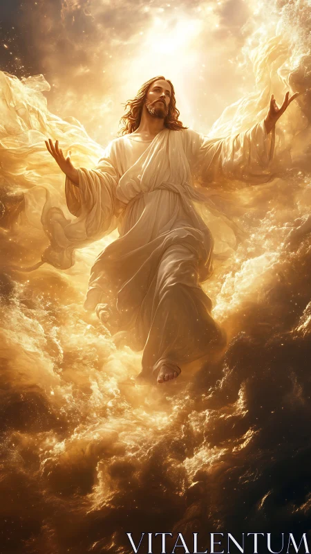 Radiant celestial figure ascends through luminous golden clouds