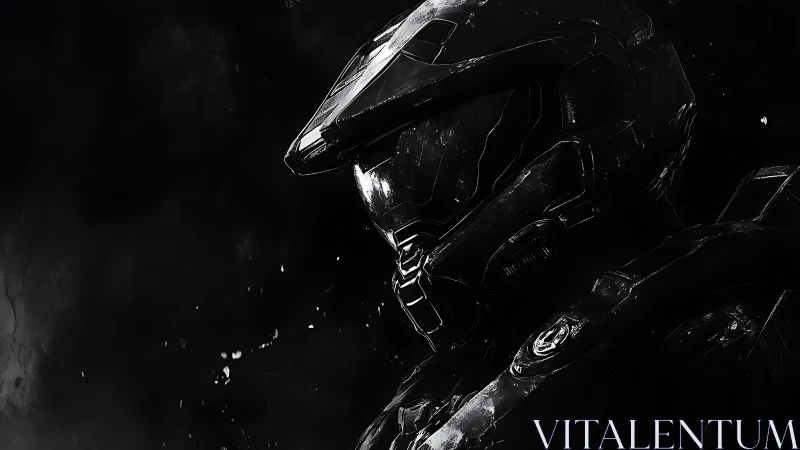 Armored sci fi soldier in dark monochrome profile study.