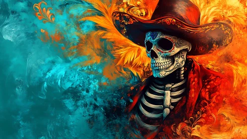 Skeleton figure in hat divides fiery orange and cool teal
