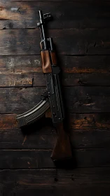 Kalashnikov style rifle on dark rustic wooden boards.