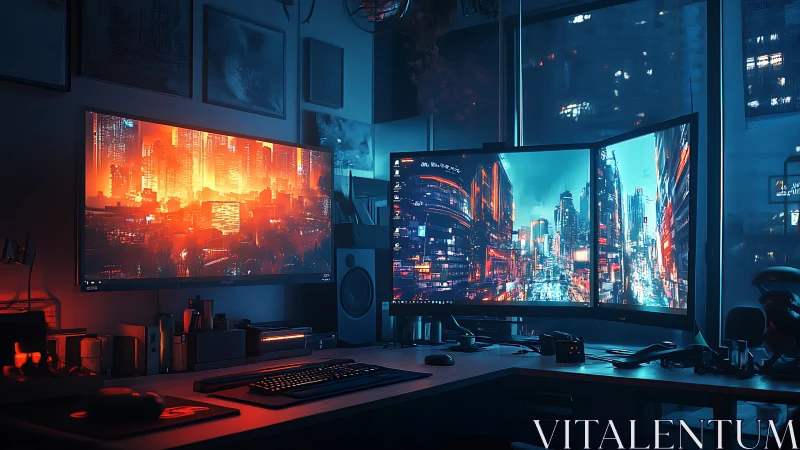 Cybernetic workstation with dual-city ultrawide display matrix.