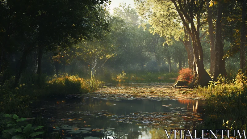 Luminous Forest Waterway: Dappled Light Through Mature Deciduous Canopy