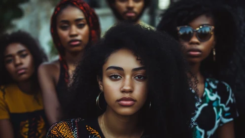 Confident young woman with friends, vibrant urban portrait style.