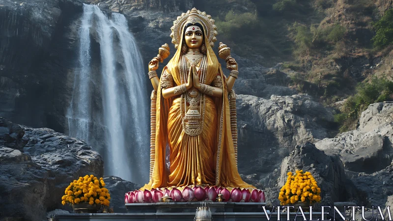 Golden Hindu goddess statue before rocky waterfall shrine