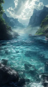 Sunlit turquoise fjord winds through towering misty peaks