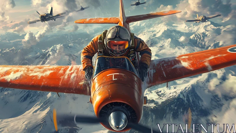 Pilot in orange fighter aircraft leads formation over mountains