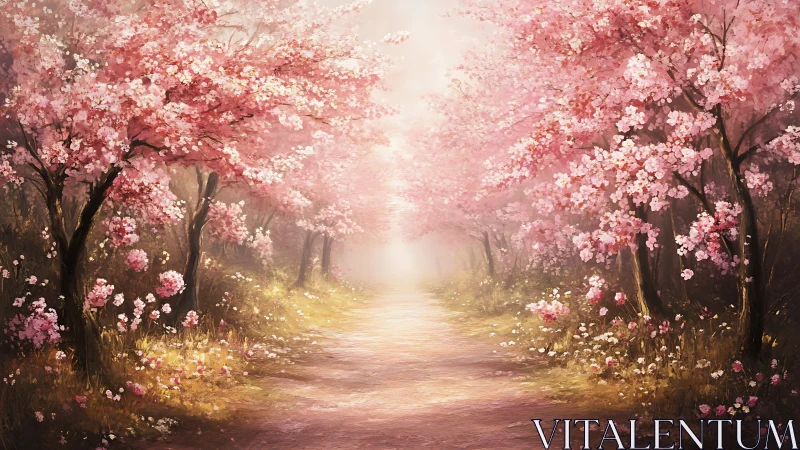 Luminous cherry blossom corridor with atmospheric depth mapping.