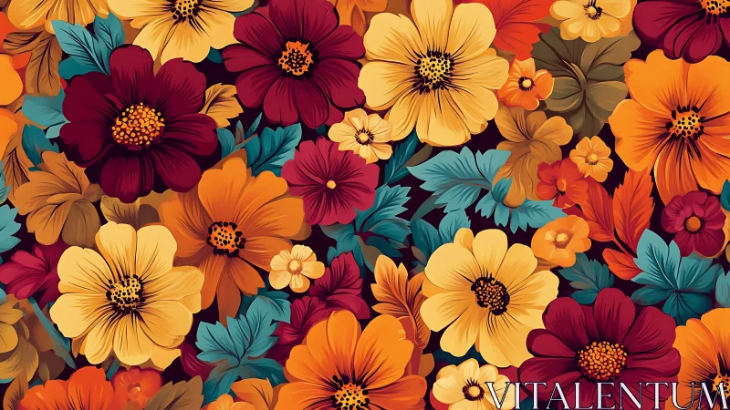 Autumn bloomstorm of bold florals on deep twilight canvas.