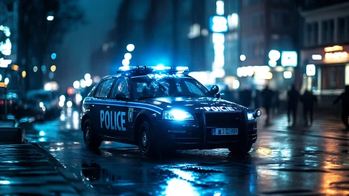 Police vehicle with active lights is stationary on wet street
