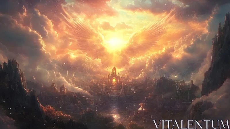 Sun-forged seraph crowns a radiant skyborne citadel.