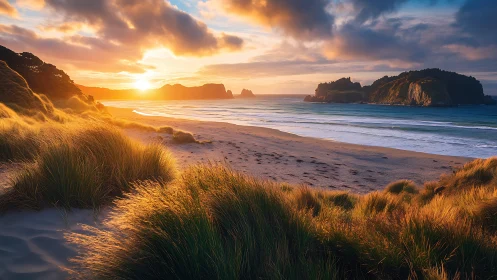 Sunlit coastal dunes, empty beach and distant sea cliffs.