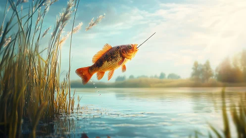 Digital painting of leaping hooked fish in luminous lakeside air.