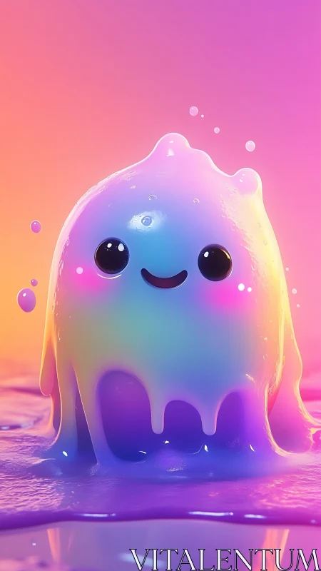 Chromatic gelatinous character on reflective liquid surface.