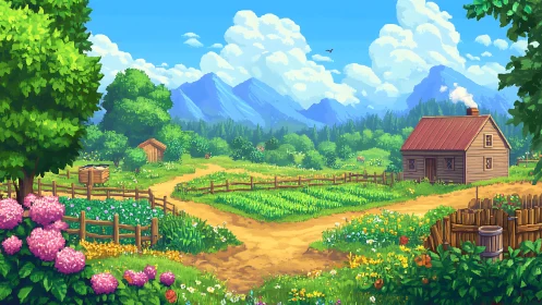 Sunlit pixel farm crossroads beneath storybook mountains.