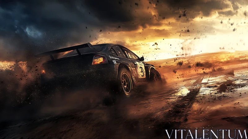 Duststorm racer carving firelit tracks through a wild horizon.