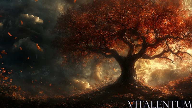 Ancient red tree against stormy sky and glowing light.