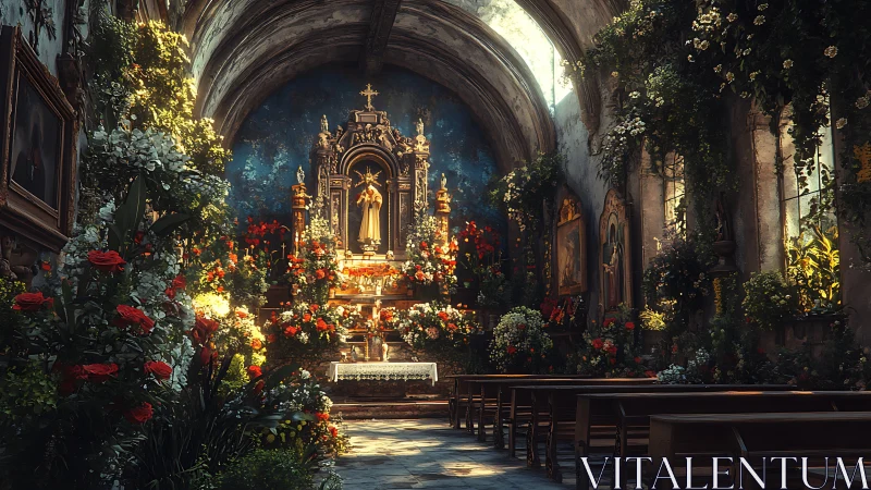 Overgrown baroque chapel interior with florally saturated altar