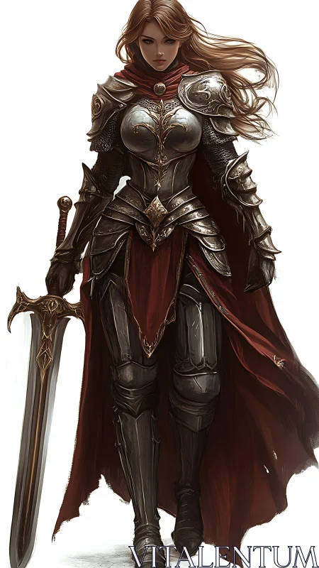 Crimson-clad lady knight strides forth in burnished valor.