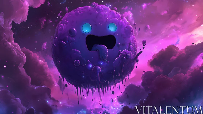 Purple gelatinous floating sphere with stylized face in nebula.